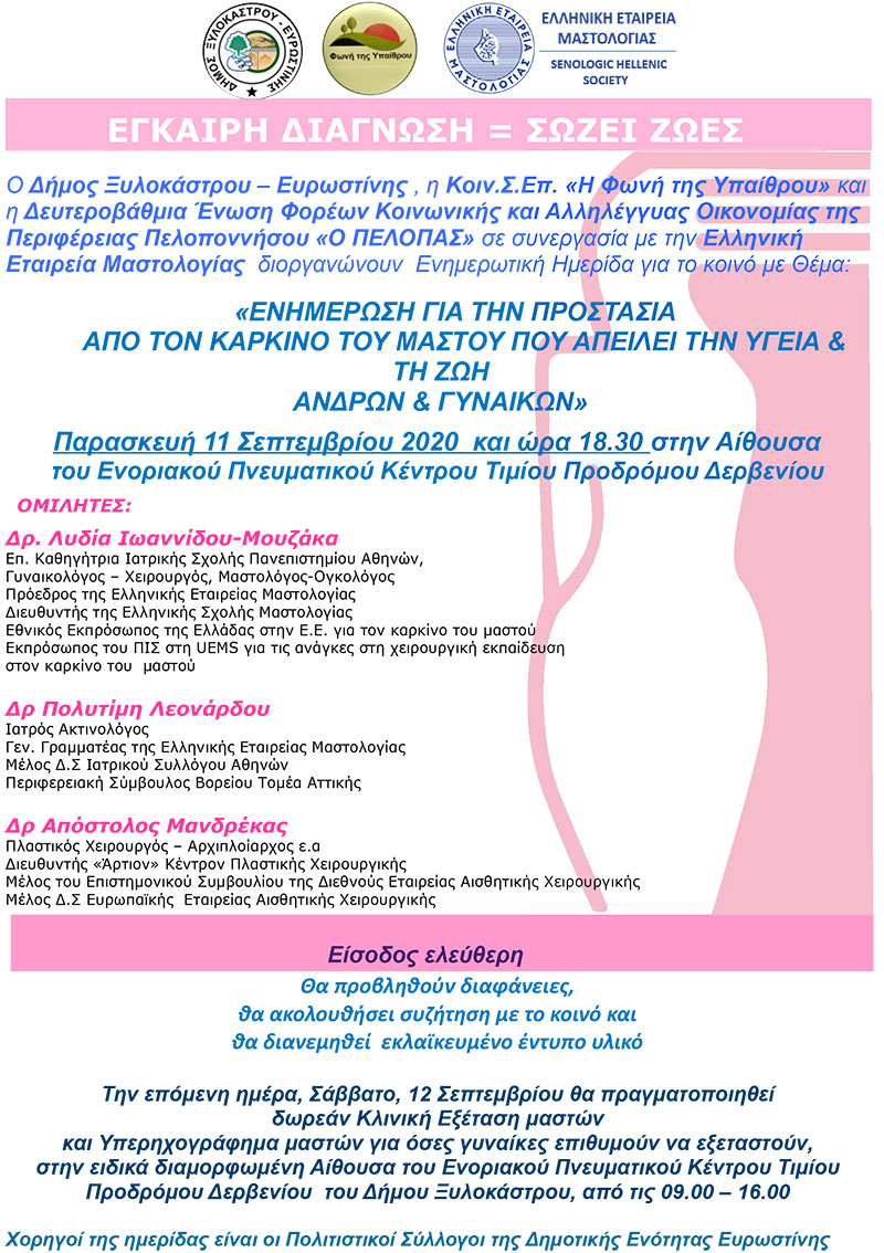 ΗΜΕΡΙΔΑ «ΕΝΗΜΕΡΩΣΗ ΓΙΑ ΤΗΝ ΠΡΟΣΤΑΣΙΑ ΑΠΟ ΤΟΝ ΚΑΡΚΙΝΟ ΤΟΥ ΜΑΣΤΟΥ ΠΟΥ ΑΠΕΙΛΕΙ ΤΗΝ ΥΓΕΙΑ & ΤΗ ΖΩΗ ΑΝΔΡΩΝ & ΓΥΝΑΙΚΩΝ»